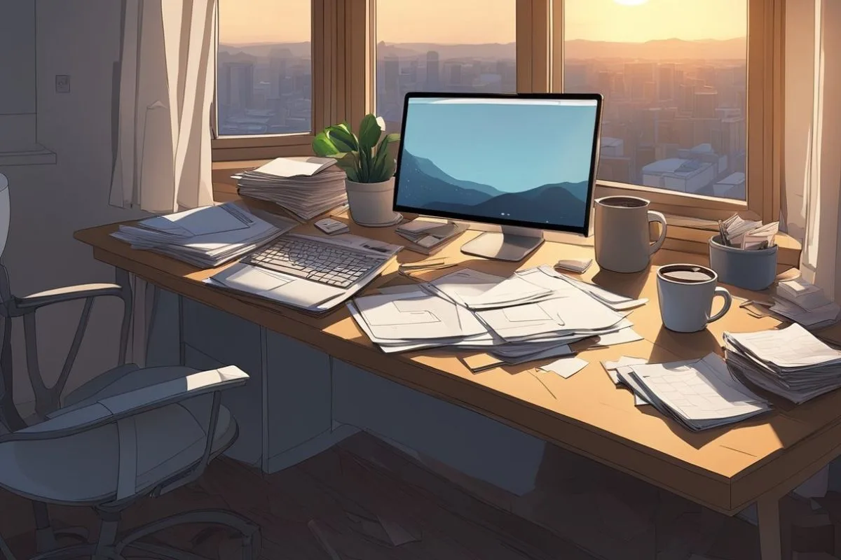 How Long Can You Go Without Sleep: Effects and Risks of Sleep Deprivation Cluttered work desk with coffee cups and paperwork illustrating how overwork and stress can lead to sleep deprivation