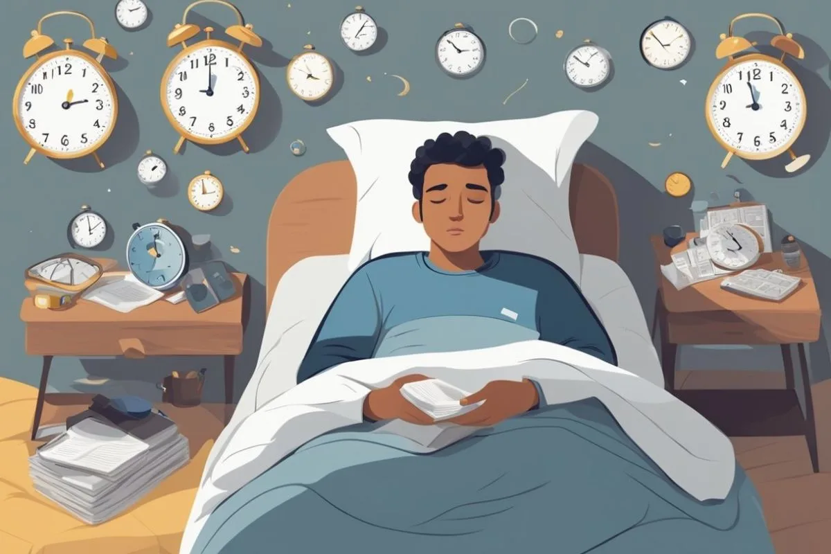 How Long Can You Go Without Sleep: Effects and Risks of Sleep Deprivation Sleep-deprived person lying awake in bed surrounded by clocks symbolizing the effects of staying awake too long