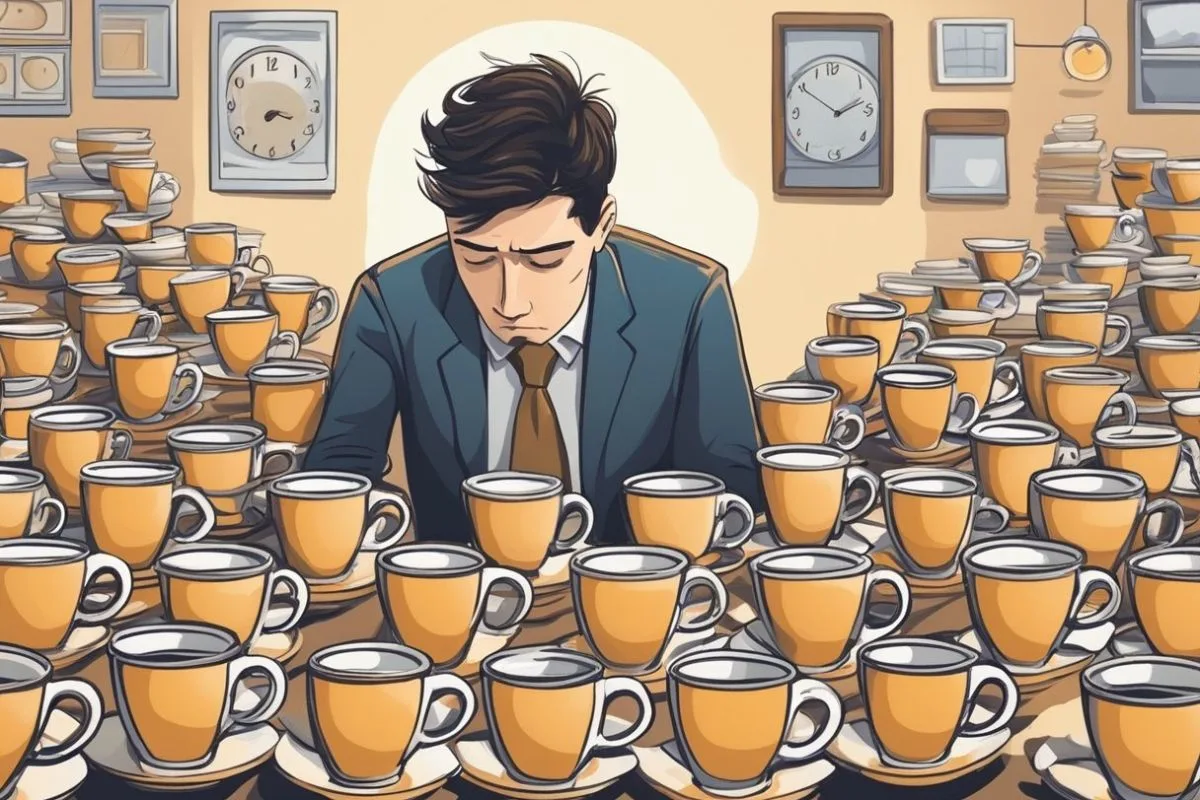How Long Can You Go Without Sleep: Effects and Risks of Sleep Deprivation Tired man surrounded by coffee cups showing excessive caffeine use caused by lack of sleep and fatigue