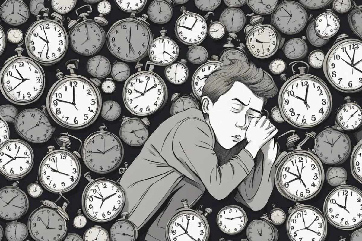 How Long Can You Go Without Sleep: Effects and Risks of Sleep Deprivation Person curled up among floating clocks illustrating extreme exhaustion and the risks of prolonged sleep deprivation