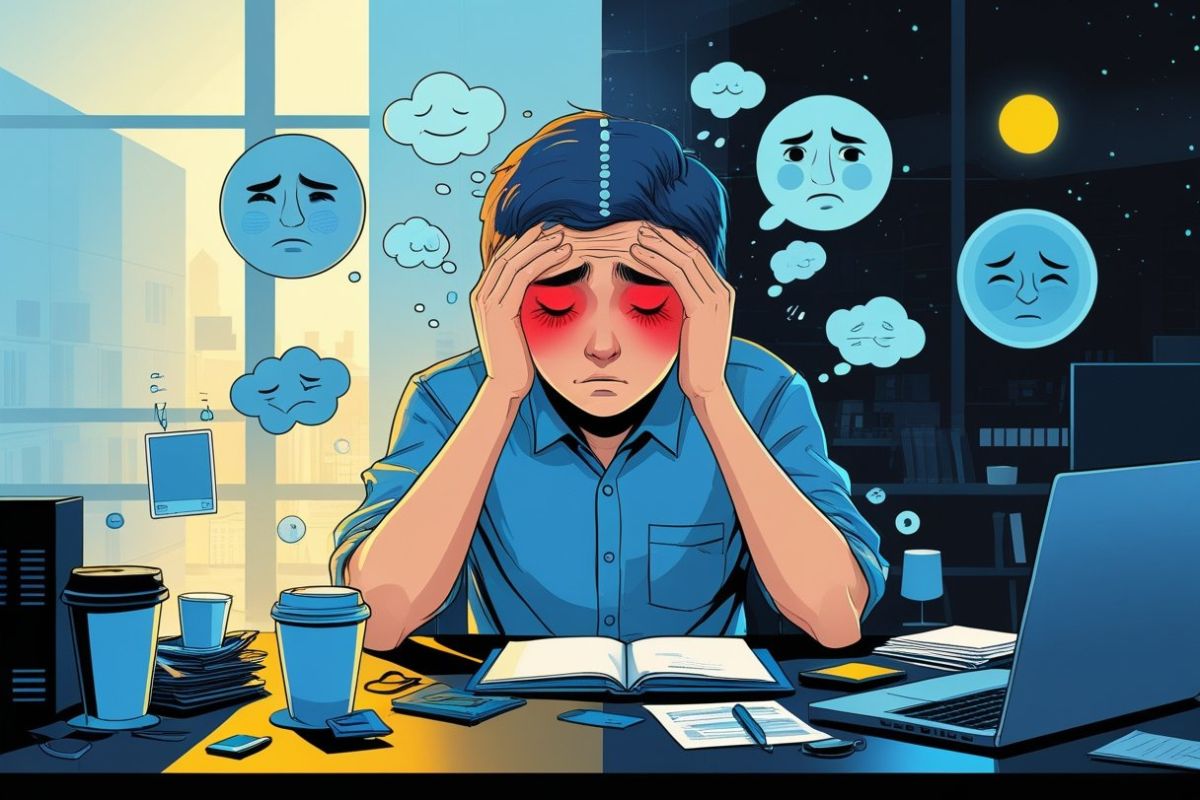 Exhausted person working late at night with red eyes and stress icons showing the mental effects of sleep deprivation