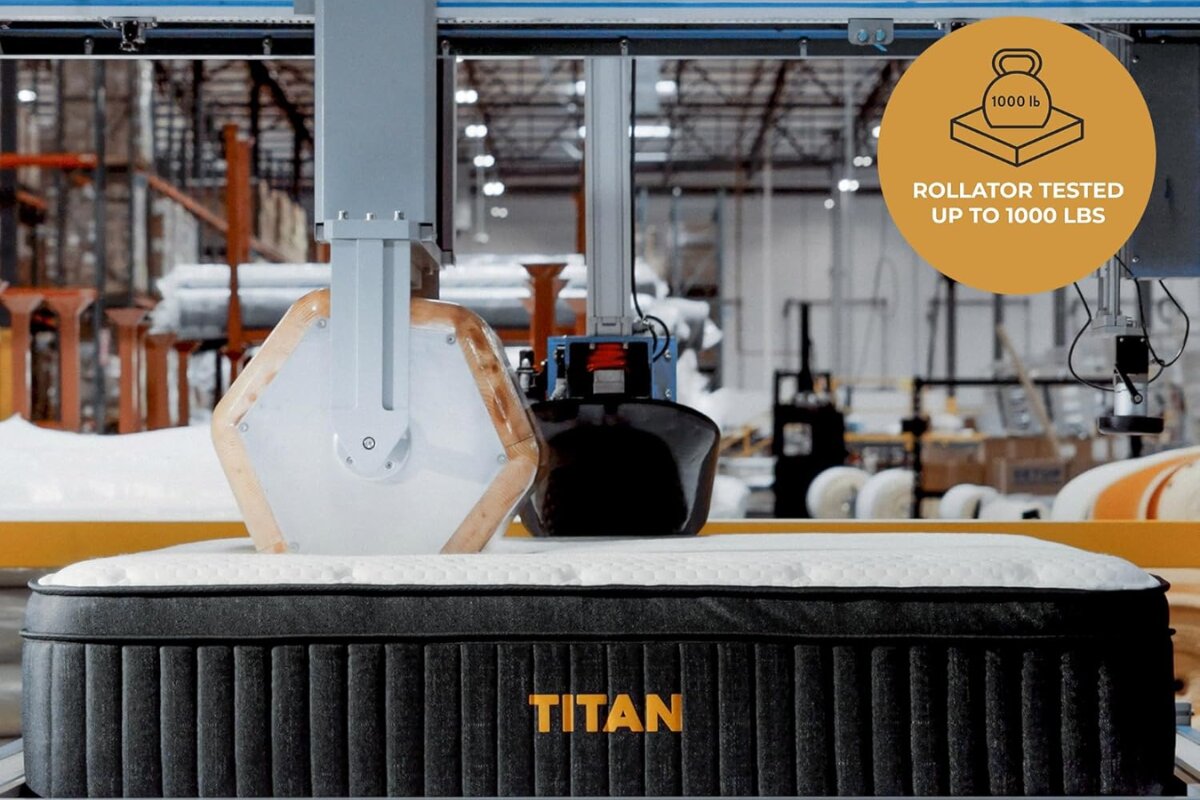 The Titan Plus Luxe Mattress in a factory with a Rollator tested up to 1000 lbs tag.