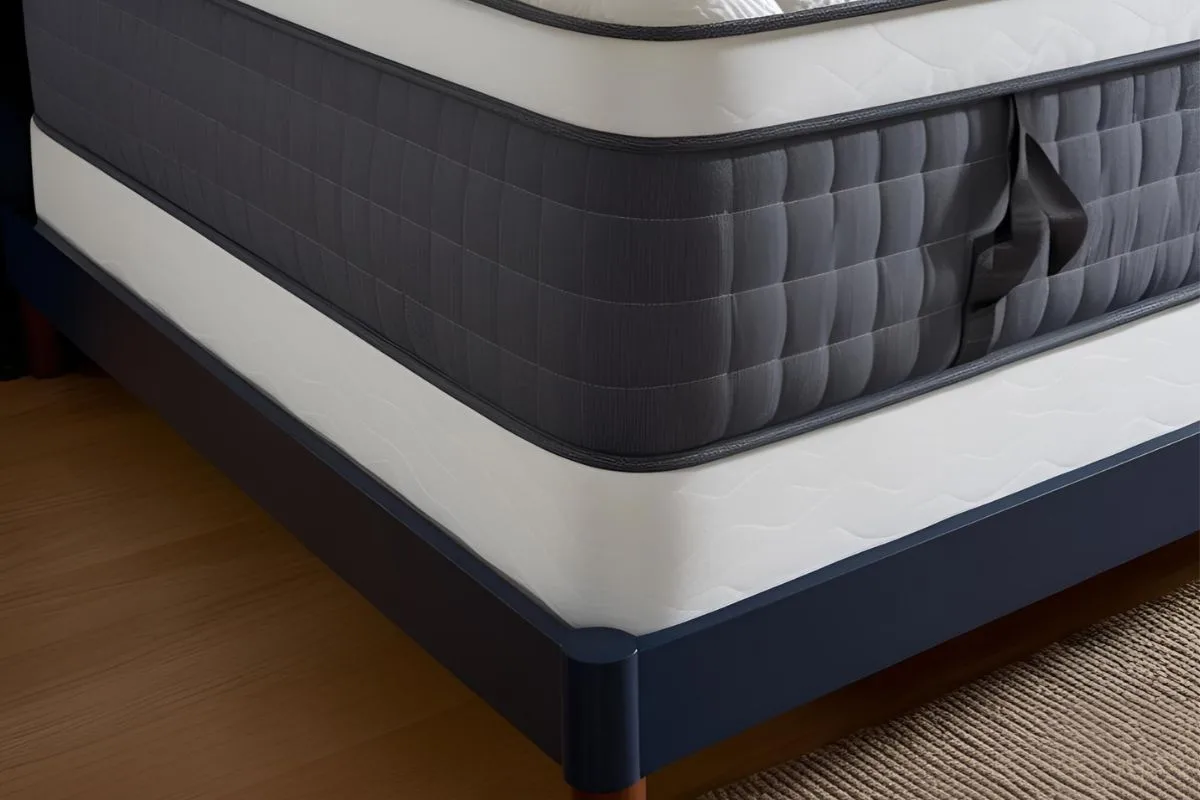 Close-up of a hybrid mattress edge showing reinforced edge support and durable layered construction