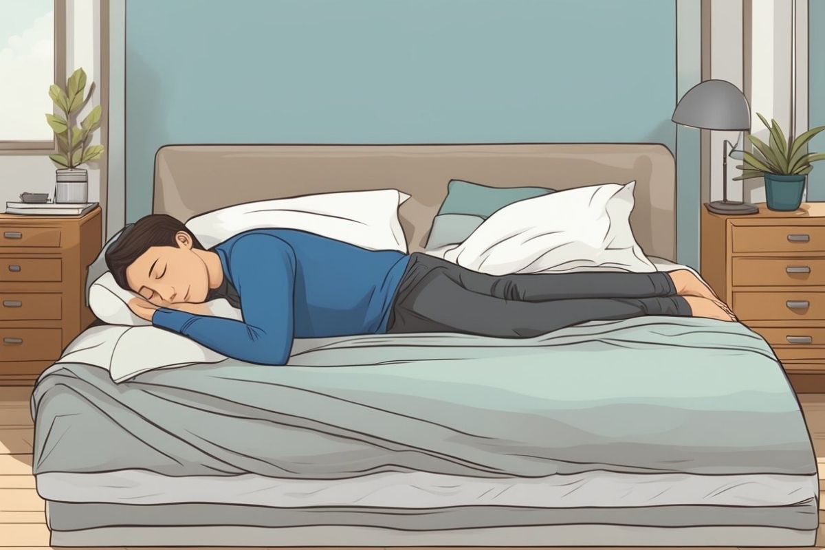 Person lying on their side in bed showing a side sleeping posture that may reduce snoring and improve comfort