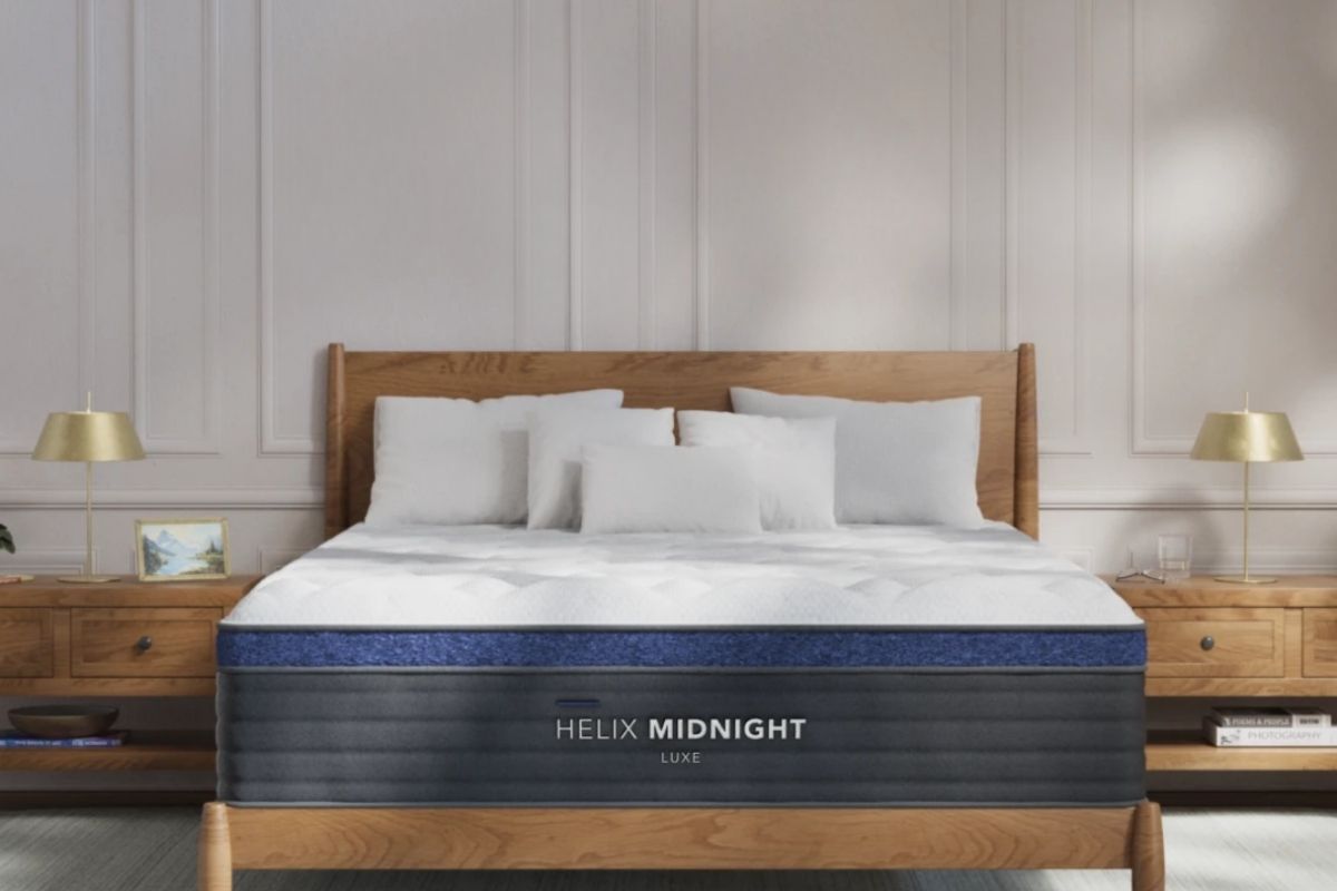 Helix Midnight Luxe mattress shown in a bedroom highlighting mattress support for side sleepers and spinal comfort