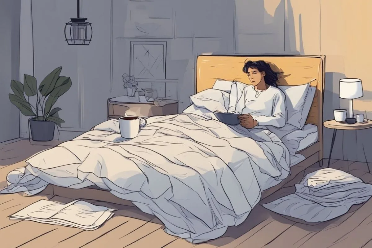 Can’t Sleep? Tips and Remedies to Get Some Sleep Woman resting in bed with warm tea as part of a relaxing nighttime routine for better sleep