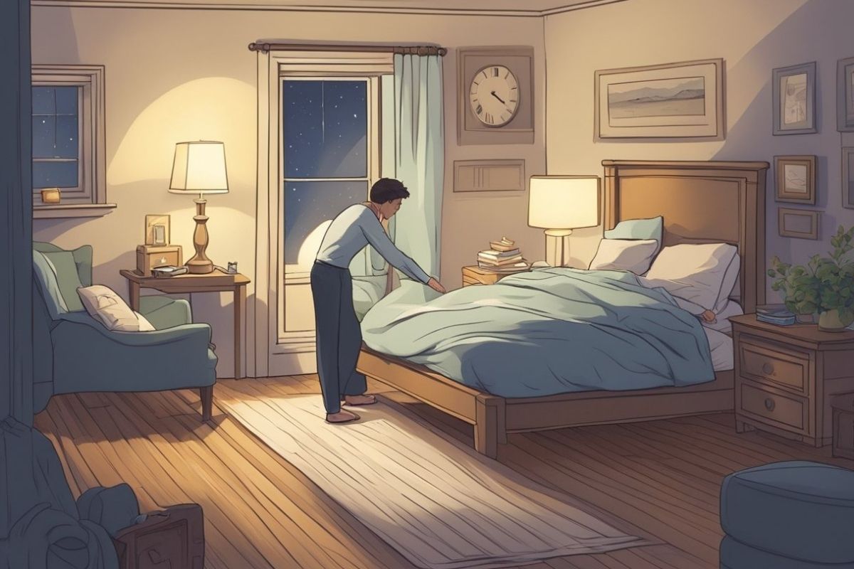 Person making the bed at night while trying to create a calming bedtime routine for better sleep
