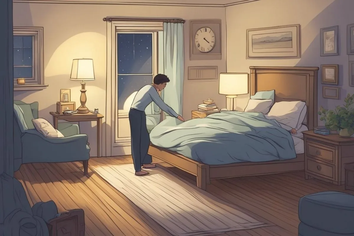 Can’t Sleep? Tips and Remedies to Get Some Sleep Person making the bed at night while trying to create a calming bedtime routine for better sleep