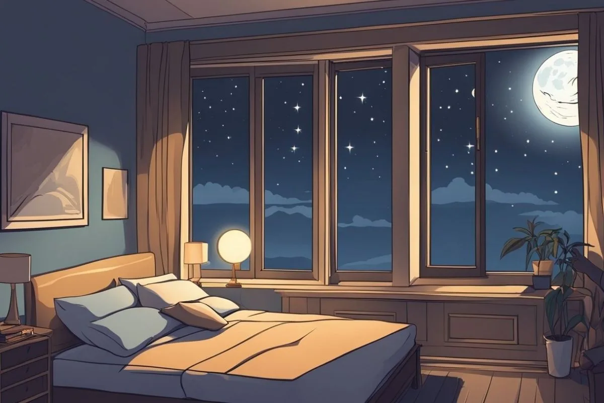 Dementia and Sleep: Understanding the Connection and Improving Rest Bedroom with moonlight and nighttime setting representing disrupted sleep cycles often linked to dementia
