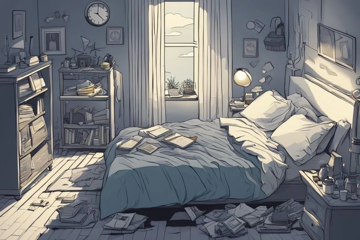 Dementia and Sleep: Understanding the Connection and Improving Rest Cluttered bedroom symbolizing confusion, stress, and sleep disturbances that may occur with dementia