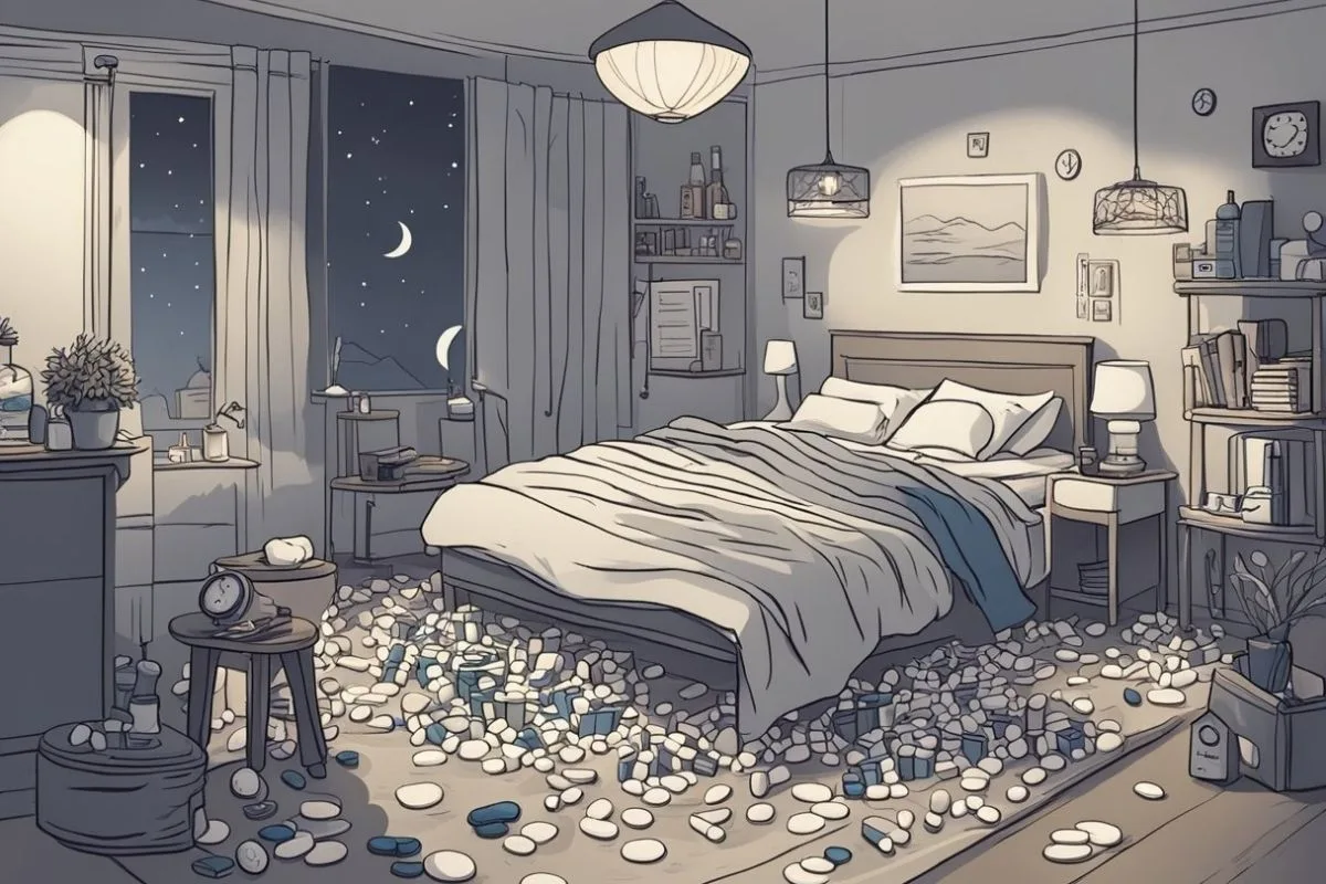 Dementia and Sleep: Understanding the Connection and Improving Rest Bedroom filled with scattered medication bottles illustrating sleep problems and nighttime restlessness associated with dementia