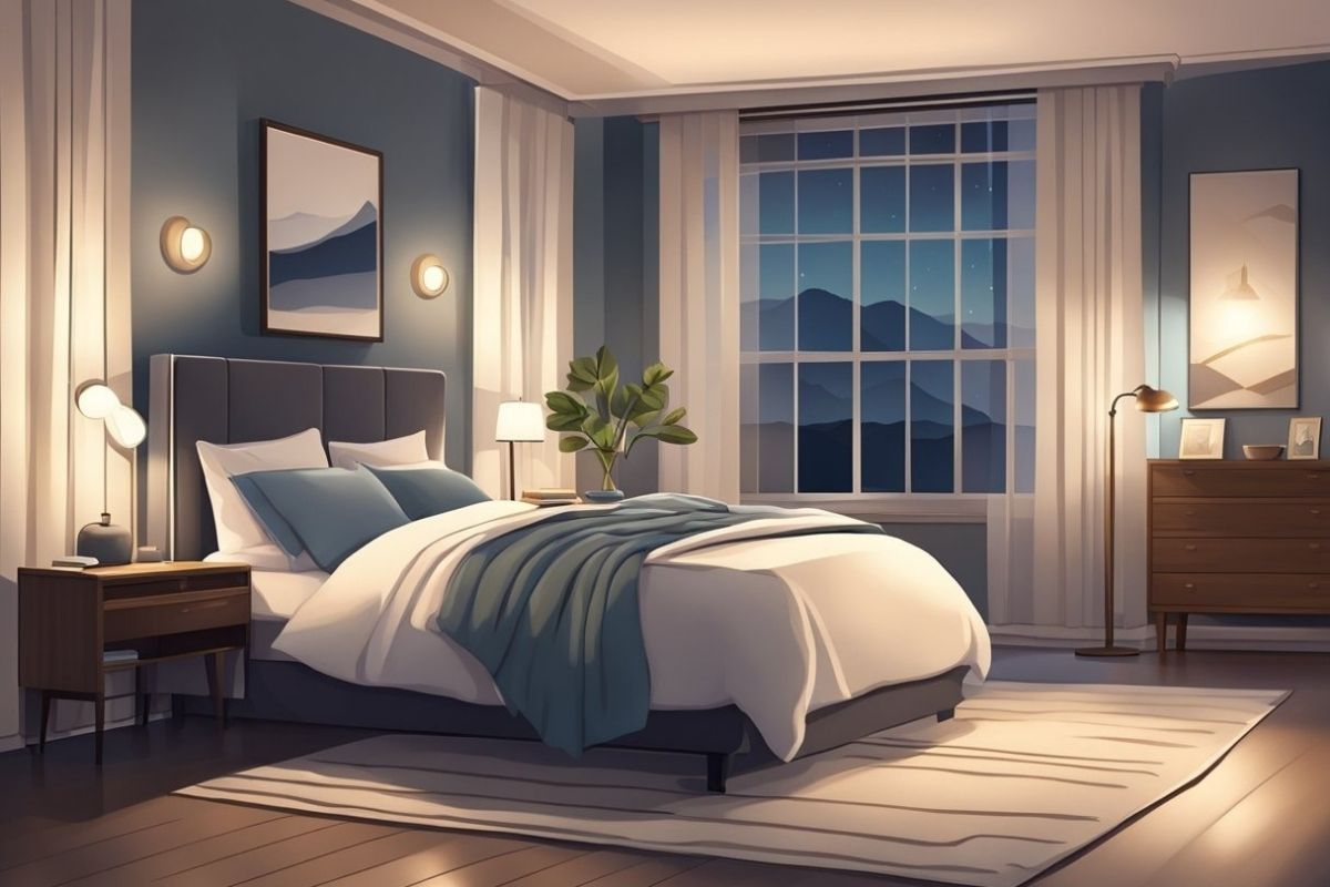 Peaceful bedroom at night illustrating a calm sleep environment that may support better rest for people with dementia