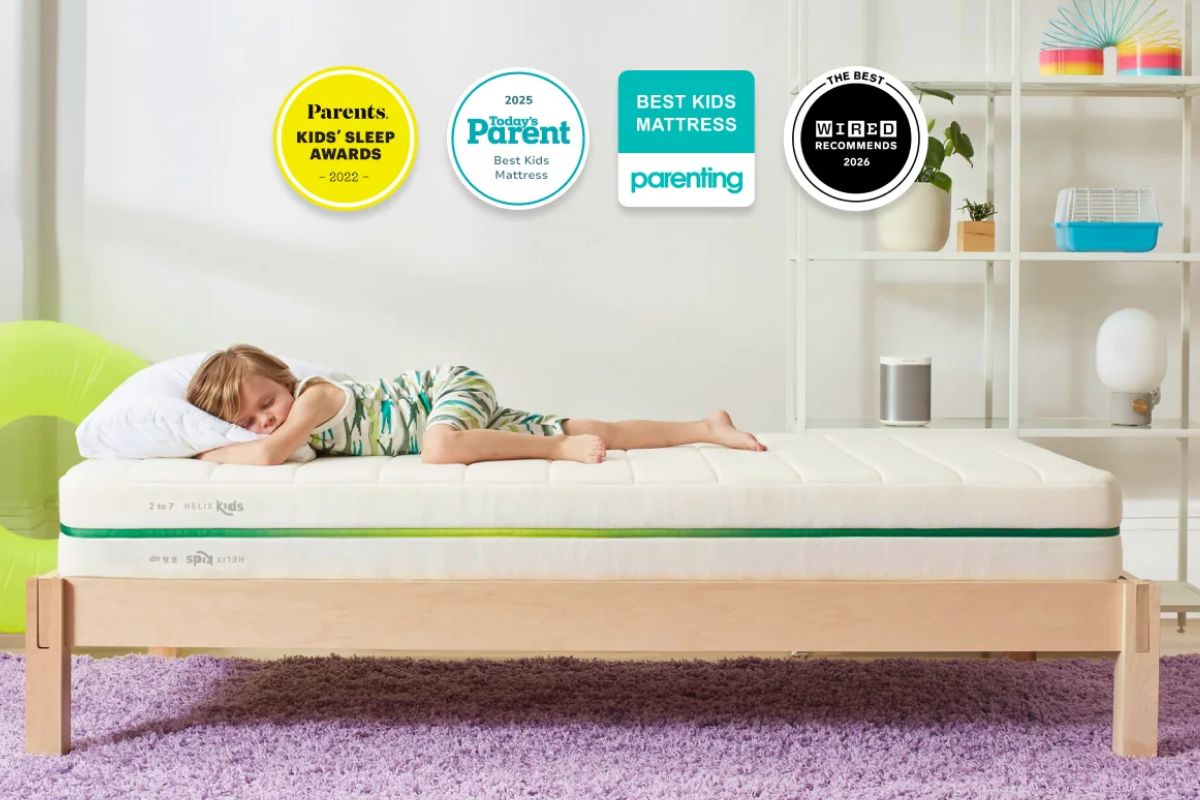 A child sleeping on the Helix Kids Mattress with accolades displayed form Parents Kids' sleep awards 2022. 2025 Today's Parent best kids mattress, best kids mattress parenting, the best wired recommends 2026.
