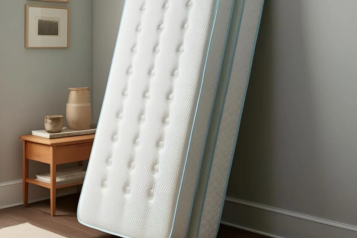 Hybrid mattress standing upright after unpacking to illustrate potential storage risks of leaving a mattress boxed too long