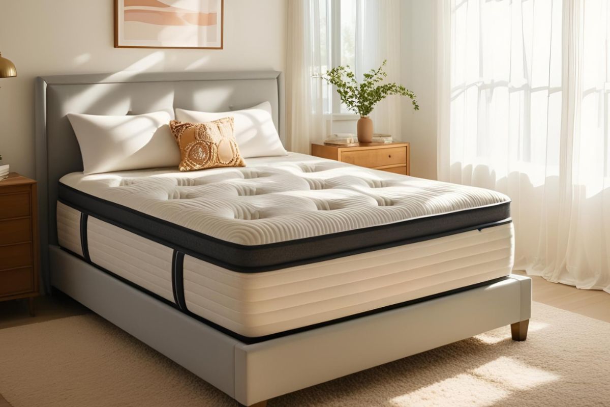 Hybrid mattress on a modern bed frame showing the plush surface softening during the break-in period