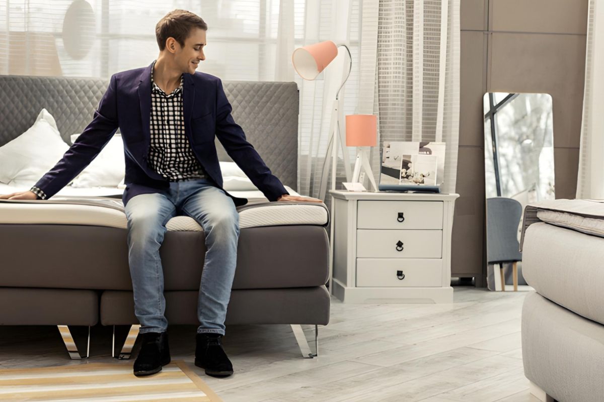Man testing a memory foam mattress in a showroom to compare comfort levels and overall mattress value