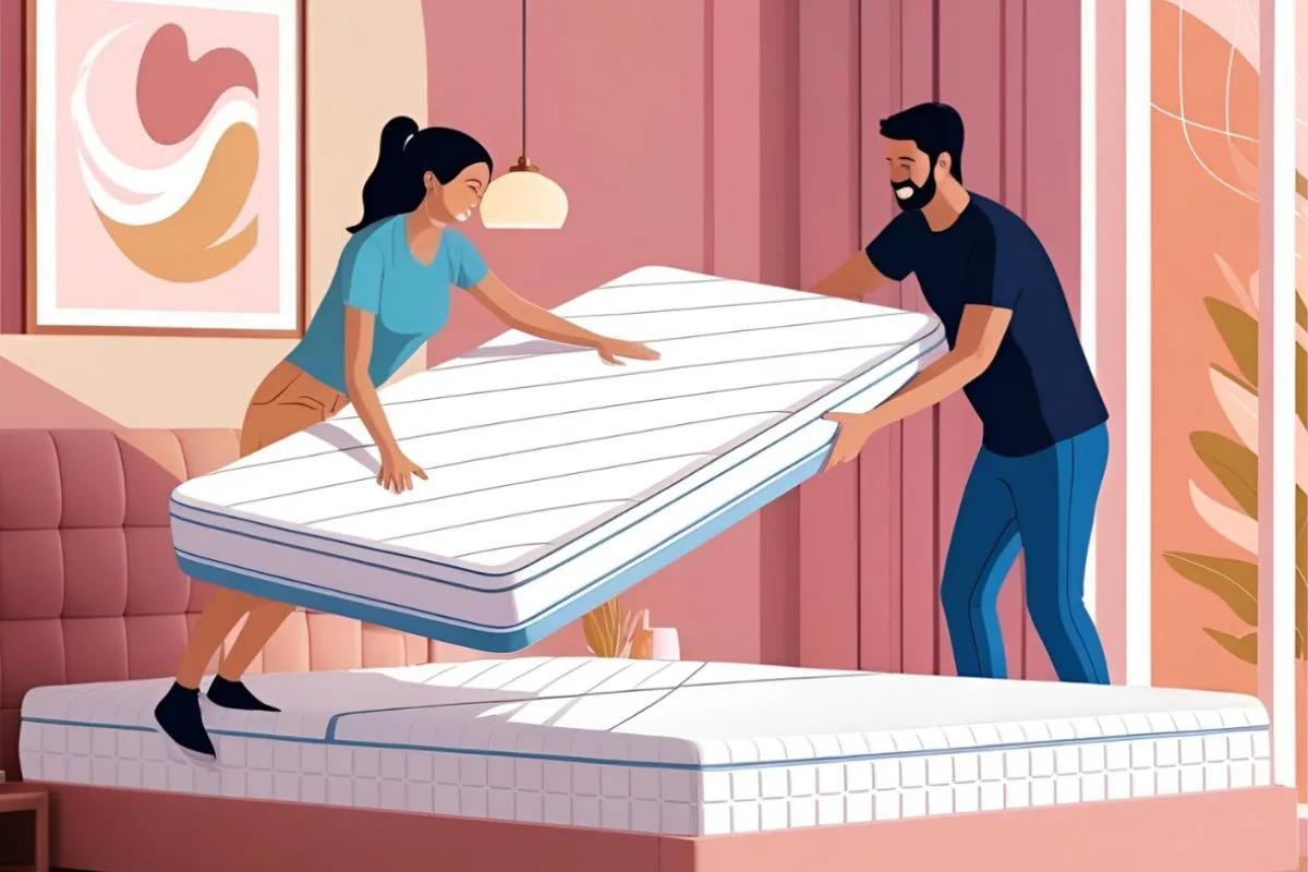 Couple rotating a hybrid mattress on a bed frame as part of regular mattress maintenance
