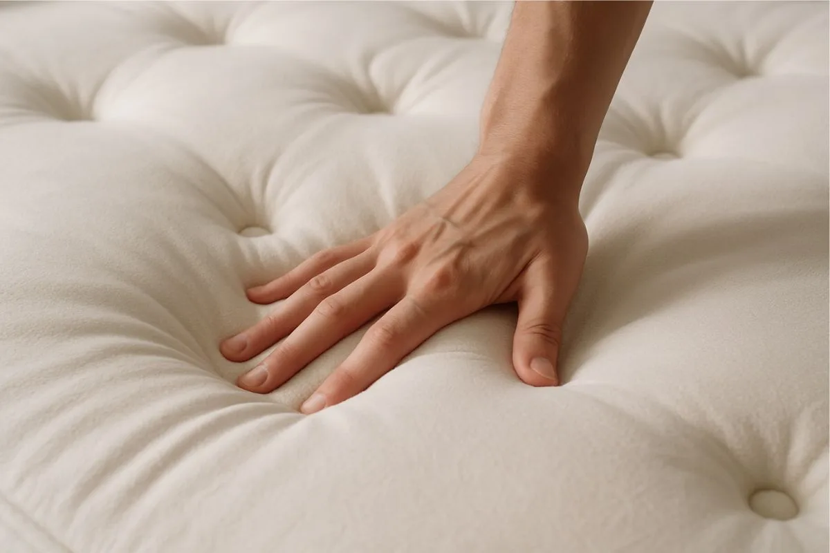 Hand pressing into a plush mattress to demonstrate its soft, cushioned feel and deep contouring comfort