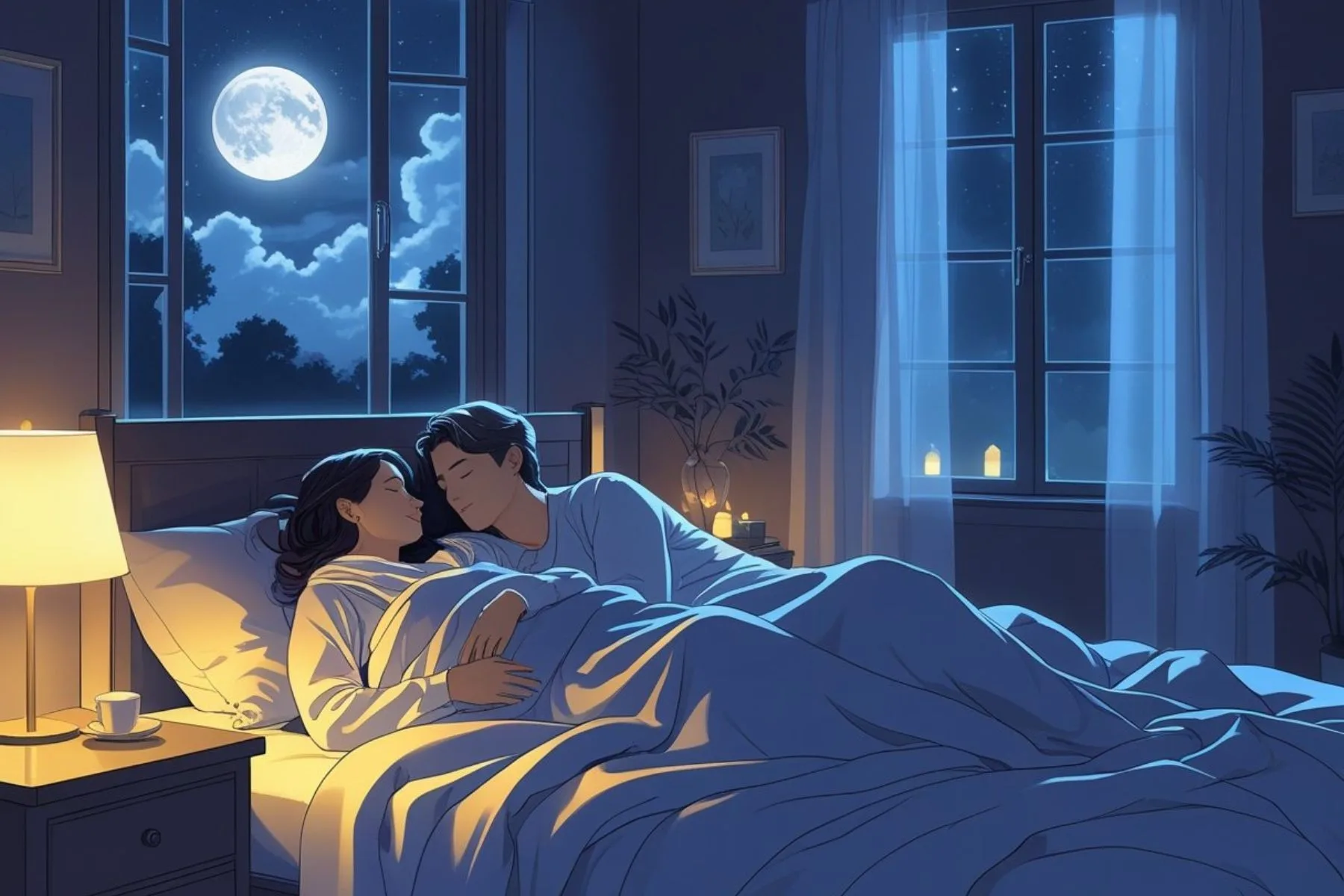 Couple relaxing together in bed at night, illustrating the connection between intimacy, emotional bonding, and better sleep quality