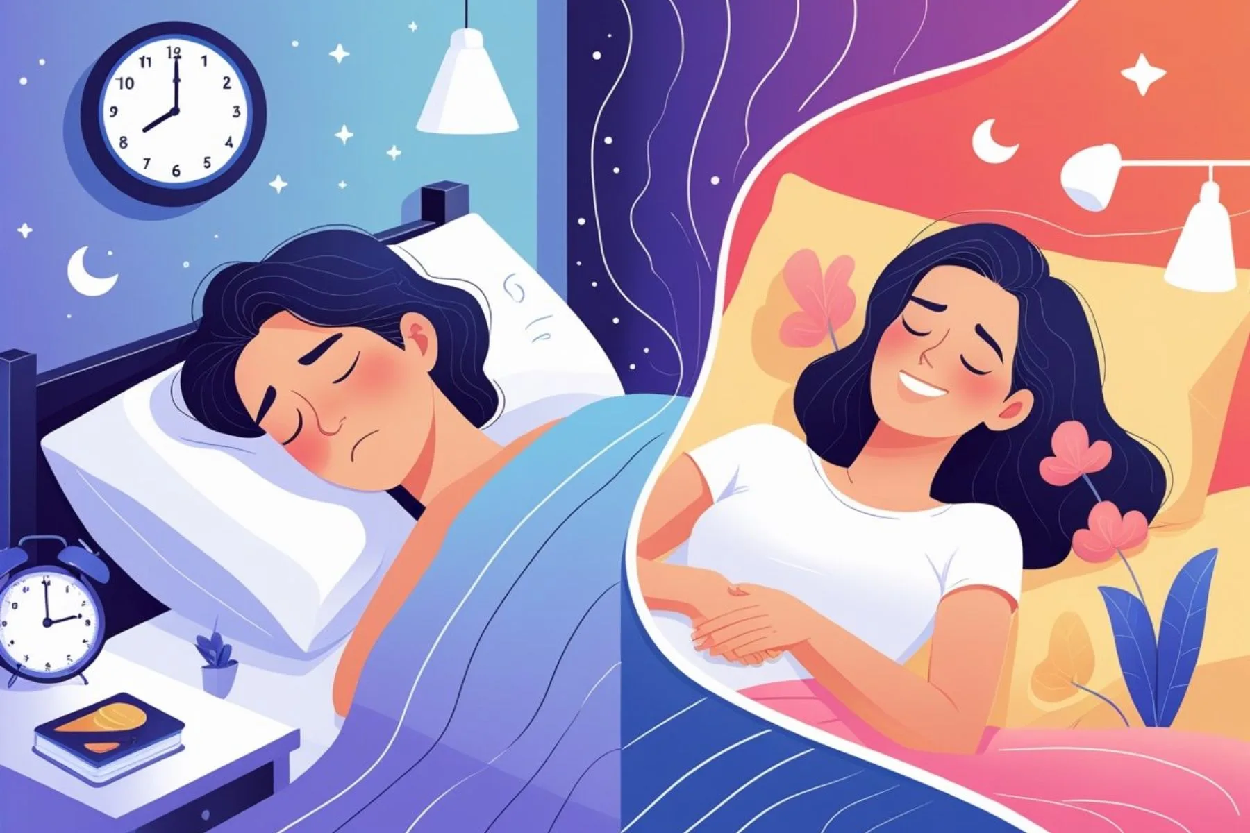 Sex and Sleep: Connection, Effects and Benefits Comparison of restless sleep and restful sleep, illustrating how sexual health can influence overall sleep quality and nighttime rest