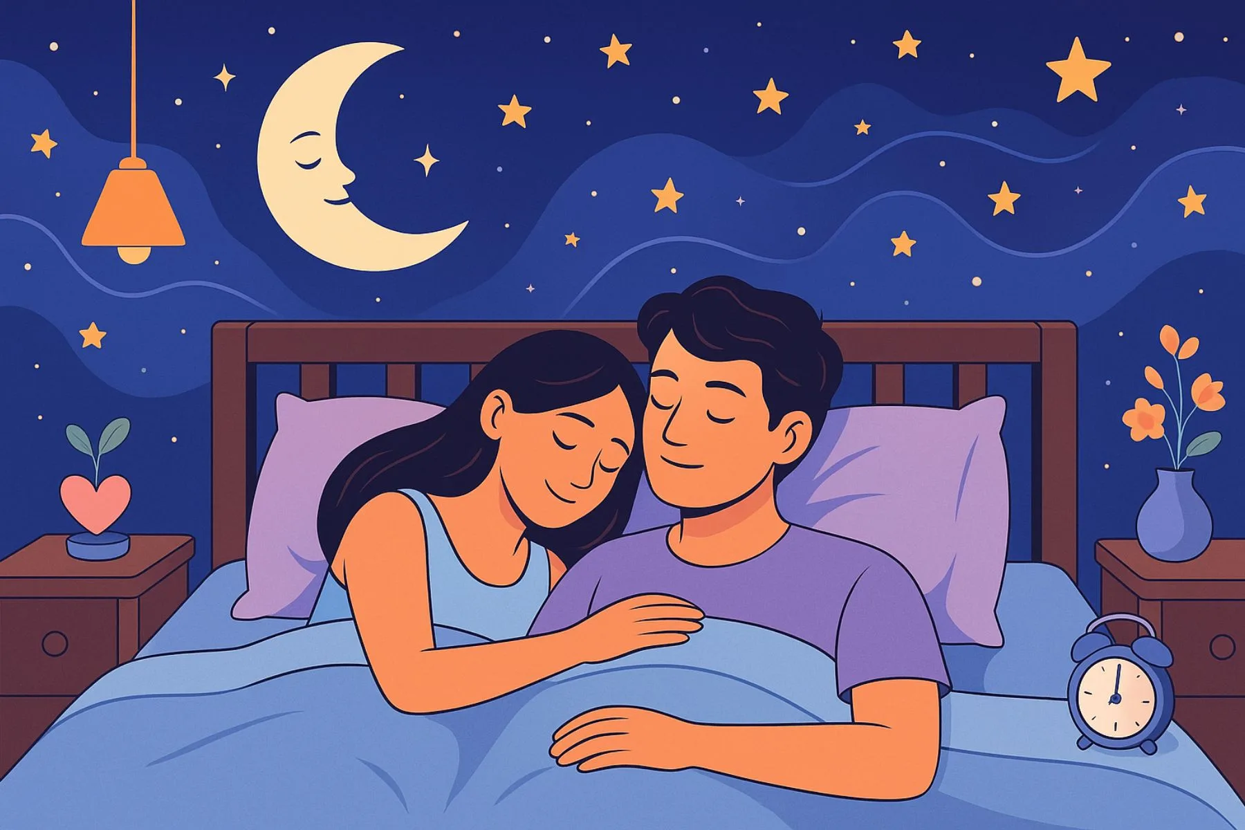 Sex and Sleep: Connection, Effects and Benefits Couple cuddling peacefully in bed beneath a moonlit sky, illustrating the positive effects of intimacy on relaxation, emotional connection, and sleep