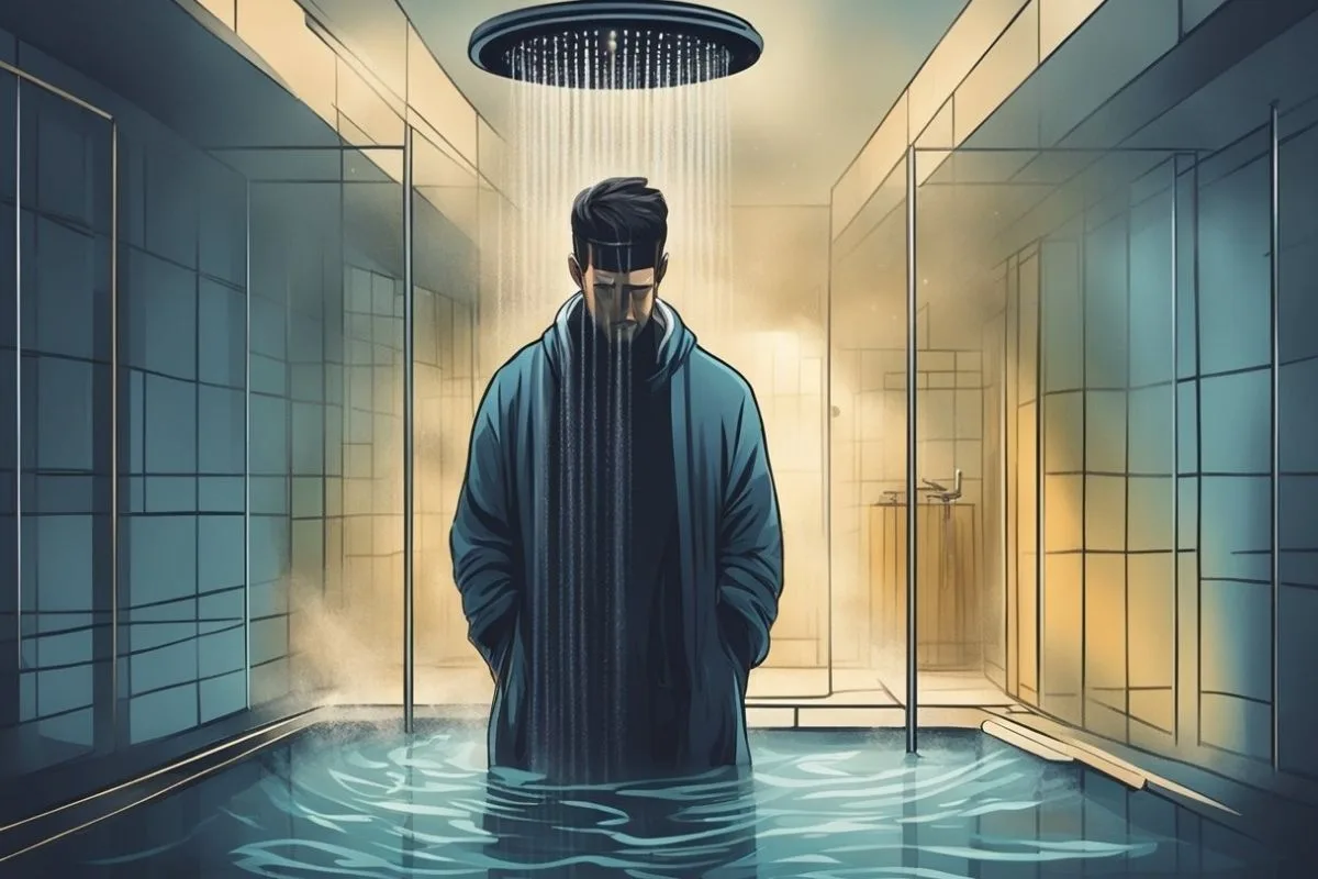 Person standing under a warm shower at night as part of a relaxing bedtime routine for better sleep