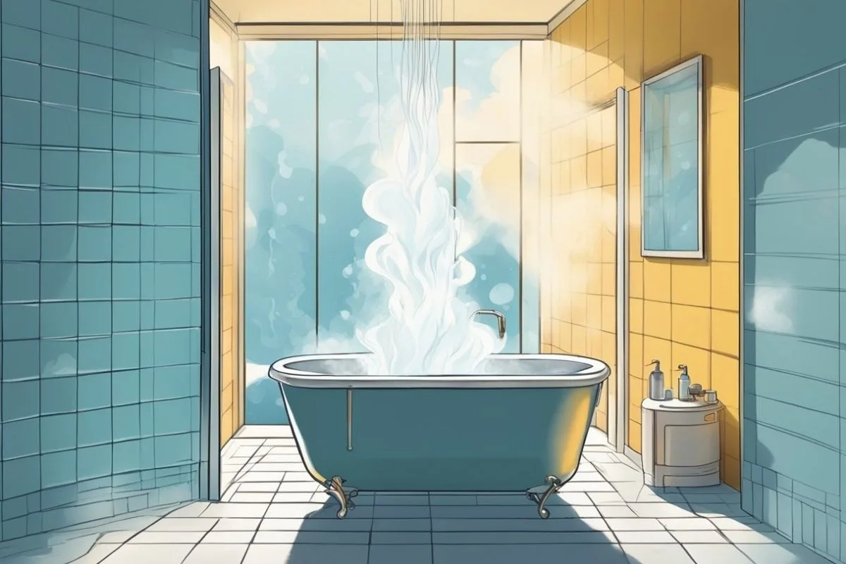 Steamy bathtub in a calm bathroom showing how warm baths before bed can promote relaxation and sleep