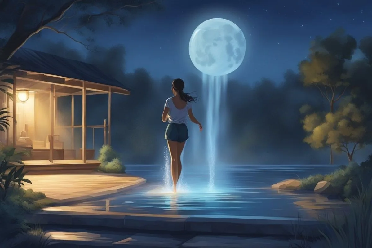 Woman walking under moonlight near water representing calming nighttime habits that may improve sleep