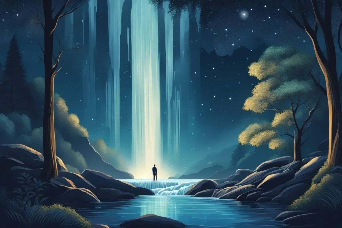 Peaceful nighttime waterfall scene illustrating relaxation and stress relief before bedtime