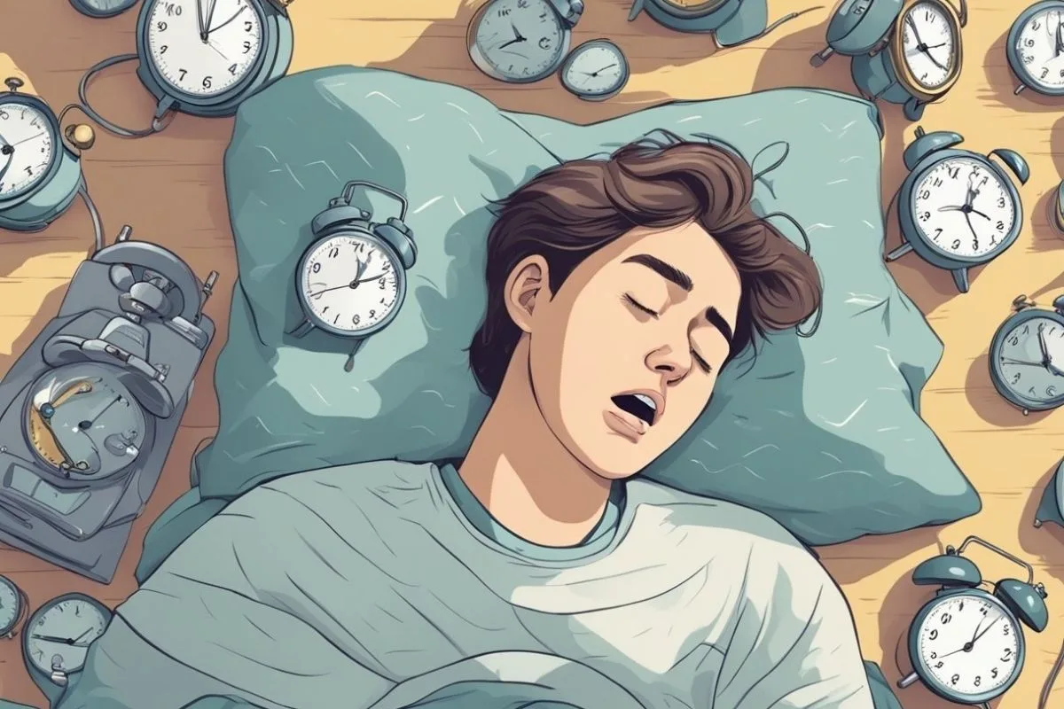 Sleep Deprivation: Causes, Effects, and Solutions for Better Sleep Sleep-deprived man surrounded by alarm clocks illustrating disrupted sleep schedules and fatigue