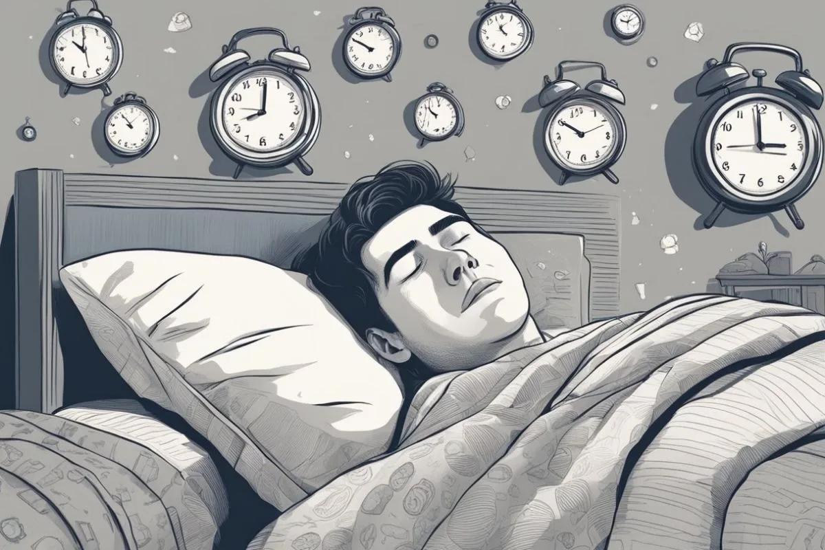 Sleep Deprivation: Causes, Effects, and Solutions for Better Sleep Man sleeping while clocks hang overhead symbolizing chronic sleep deprivation and irregular sleep habits