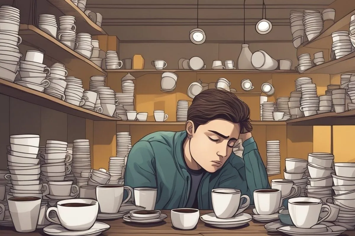 Sleep Deprivation: Causes, Effects, and Solutions for Better Sleep Exhausted person sitting among coffee cups showing dependence on caffeine due to lack of sleep
