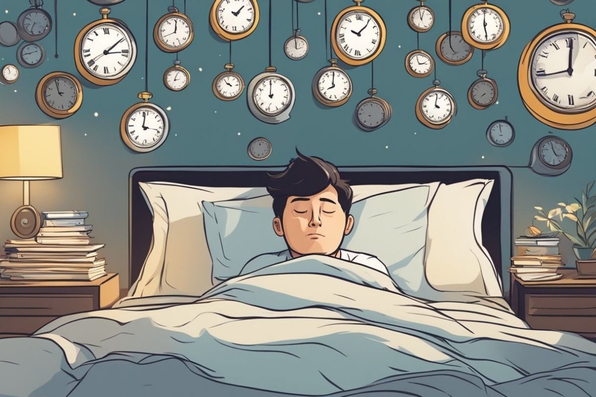 Person lying awake in bed surrounded by clocks showing how sleep deprivation affects sleep patterns and rest