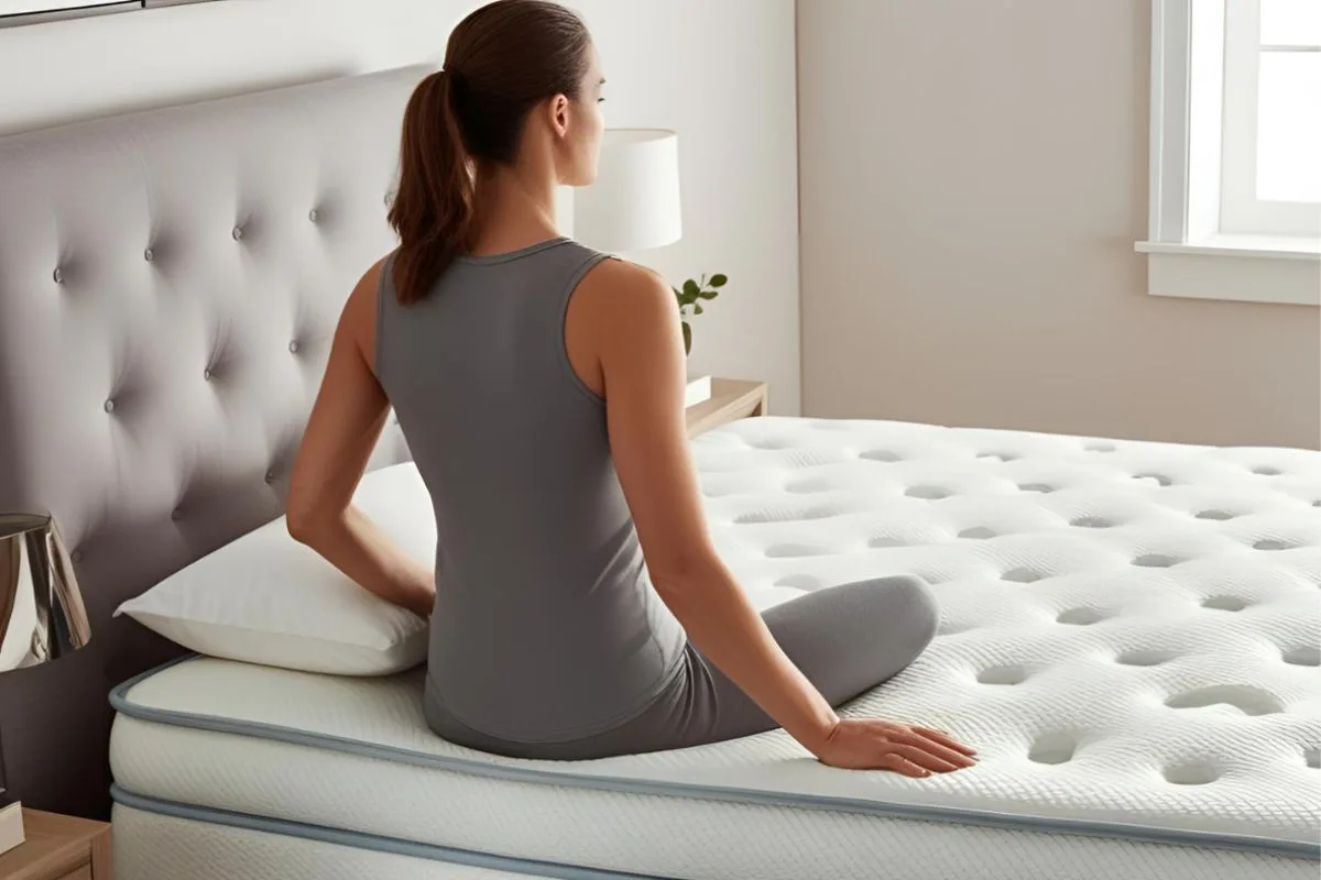 Person sitting on a hybrid mattress too soon after setup to demonstrate how early use can affect mattress expansion and comfort