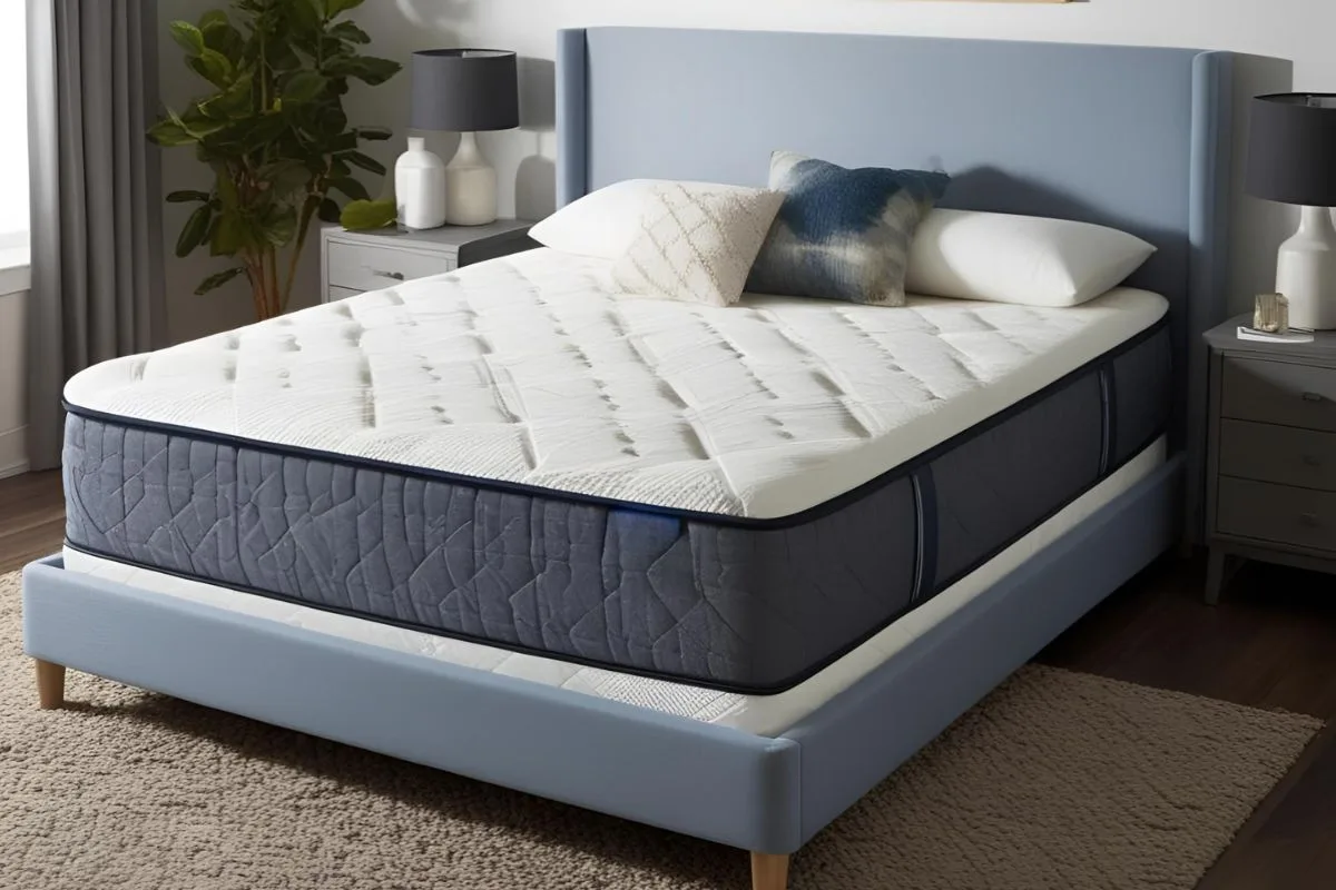 Newly unpacked hybrid mattress in a bedroom highlighting the recommended waiting period before first use