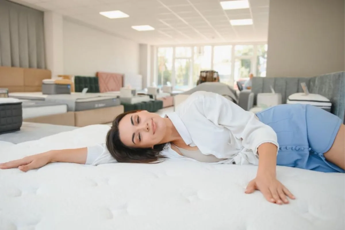 Shopper testing a memory foam mattress in a showroom to experience the pressure-relieving comfort and body-hugging feel of memory foam