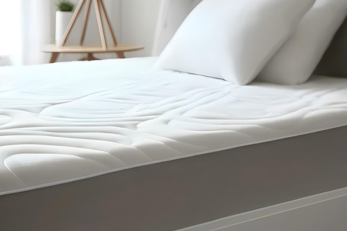 Close-up of a memory foam mattress surface showing the plush contouring layer that adapts to the body's shape and pressure points