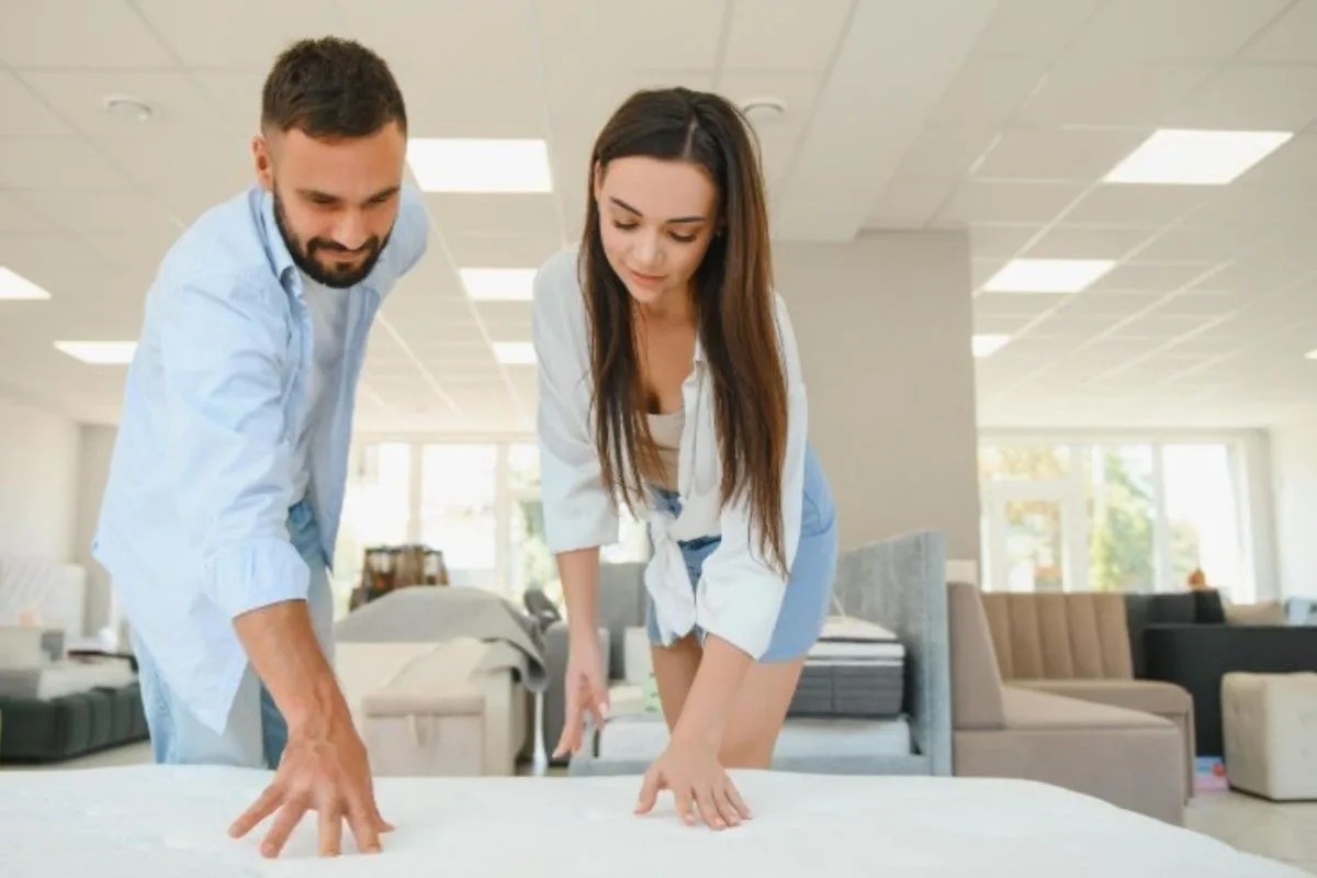 What is the Difference Between Innerspring and Pocket Coil Mattress? Shoppers testing a mattress in a showroom while comparing innerspring and pocket coil mattress comfort, support, and feel.