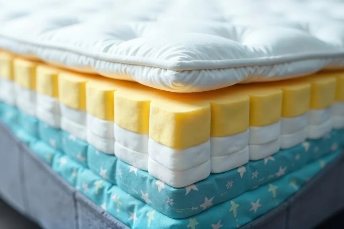 What is the Difference Between Innerspring and Pocket Coil Mattress? Close-up of a mattress cross-section showing individually wrapped pocket coils and foam comfort layers used in pocket coil mattress construction.