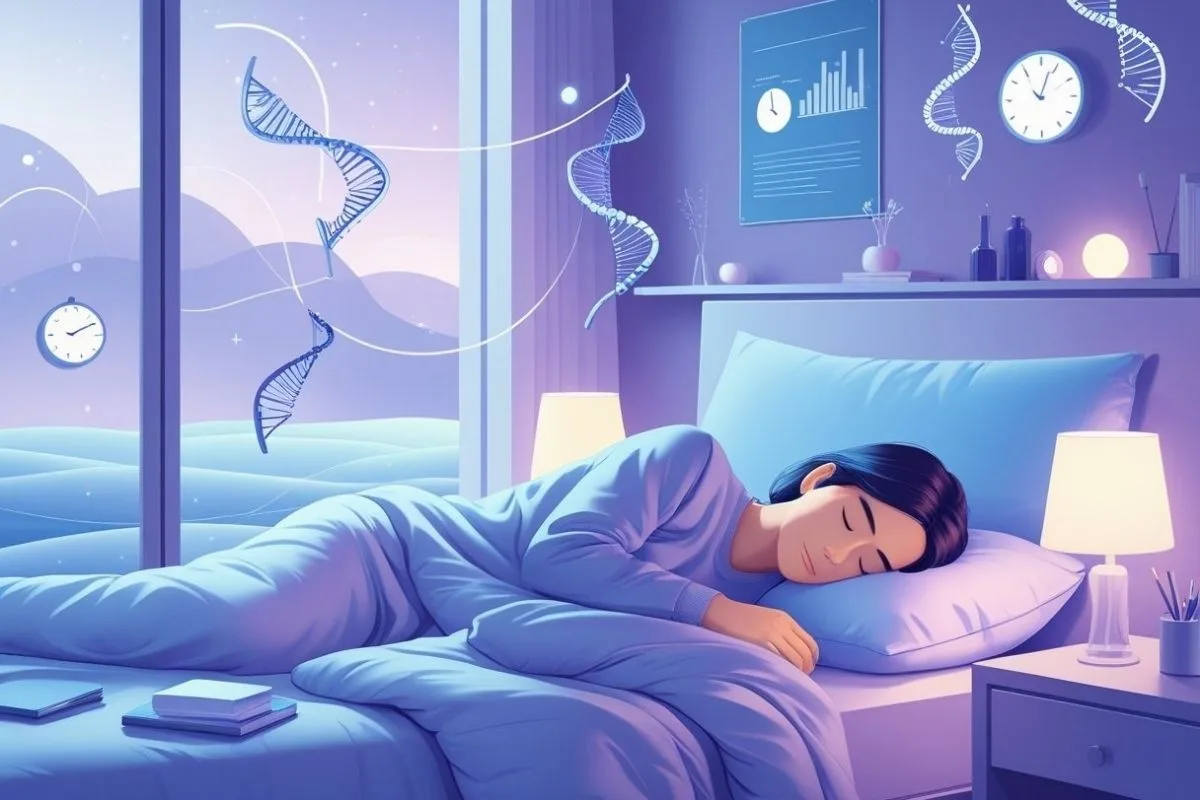 Is 5 Hours of Sleep Enough? Understanding the Health Implications Person sleeping peacefully while DNA strands and biological symbols appear in the background, representing the role of sleep in recovery, health, and body function