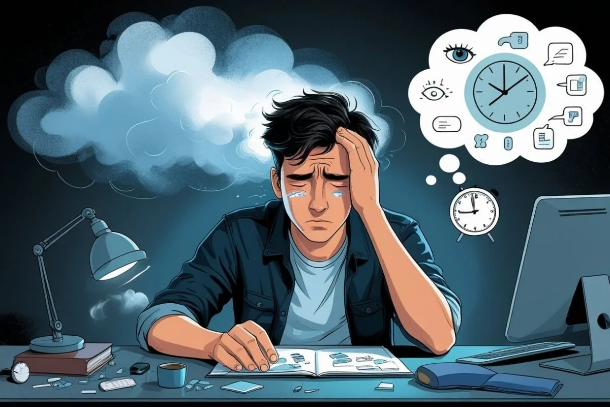 Is 5 Hours of Sleep Enough? Understanding the Health Implications Exhausted individual struggling to concentrate at a desk, highlighting the cognitive and productivity challenges linked to insufficient sleep