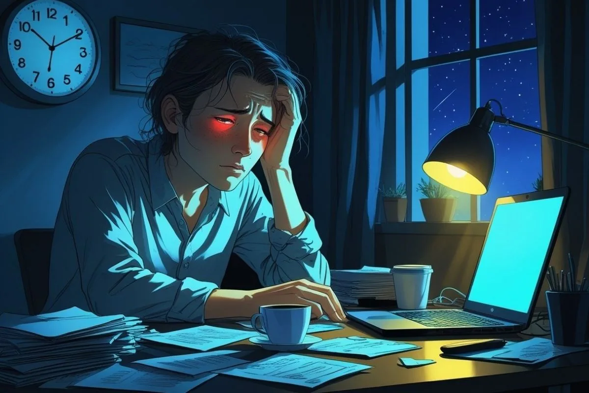 Is 5 Hours of Sleep Enough? Understanding the Health Implications Tired worker using a laptop late at night with visible eye strain, demonstrating how chronic sleep deprivation can affect alertness and mental performance