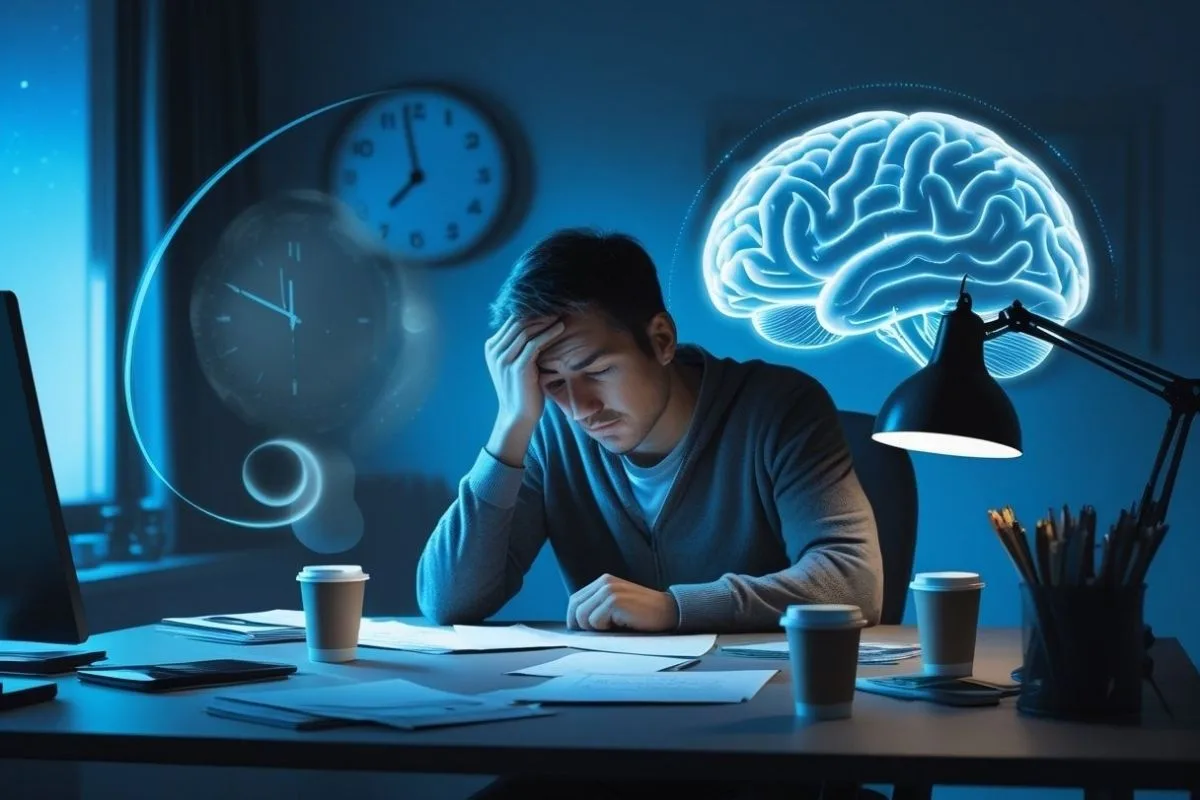 Is 5 Hours of Sleep Enough? Understanding the Health Implications Person experiencing fatigue while working late, with brain imagery emphasizing the impact of sleep loss on memory, concentration, and cognitive health