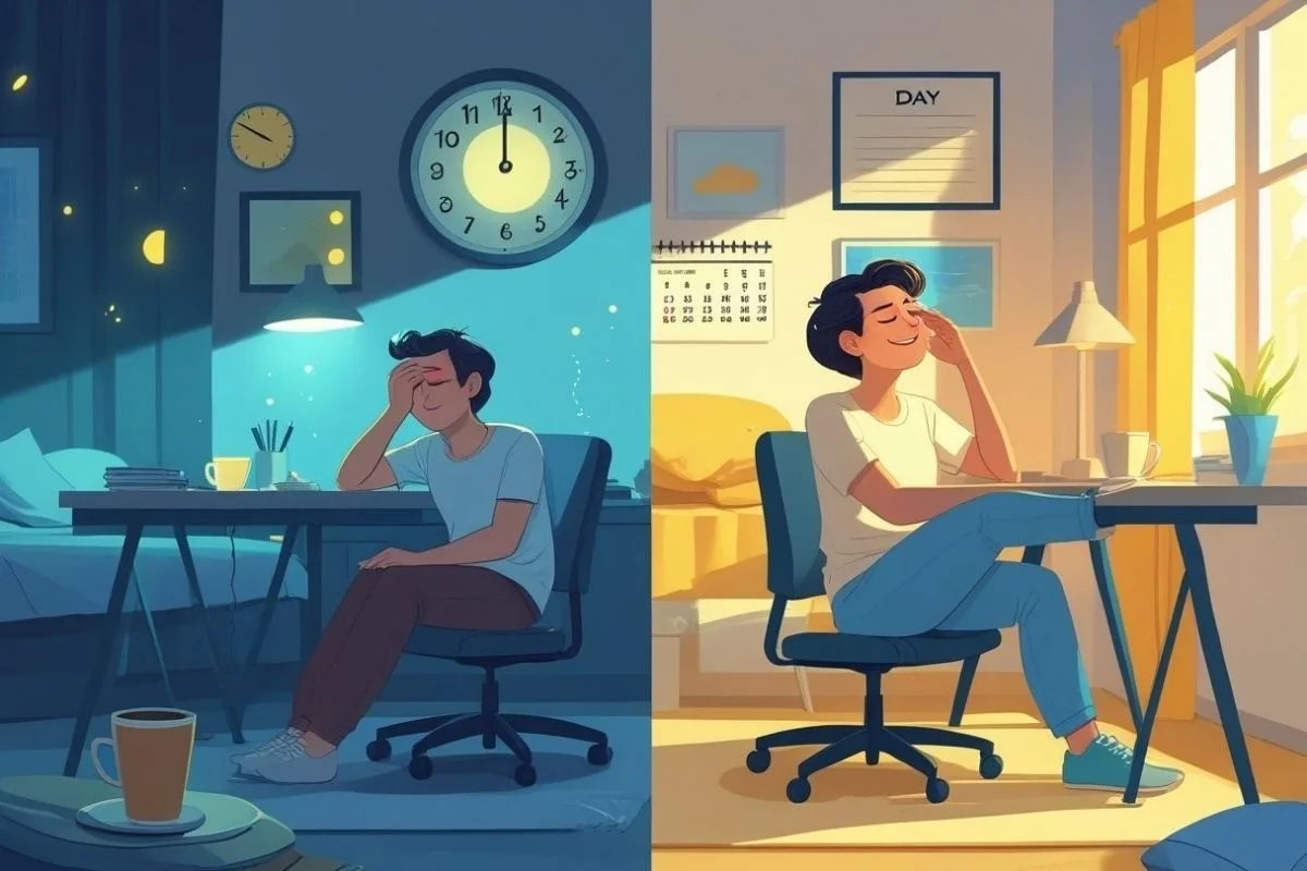 Is 5 Hours of Sleep Enough? Understanding the Health Implications Side-by-side illustration showing tiredness after poor sleep and improved energy after adequate rest, highlighting the benefits of sufficient sleep duration