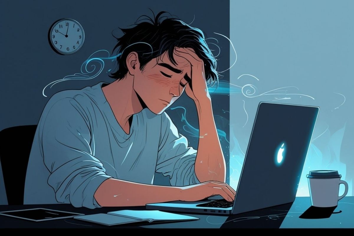 Sleep-deprived person working late at a laptop, illustrating fatigue, reduced focus, and low energy associated with getting only 5 hours of sleep