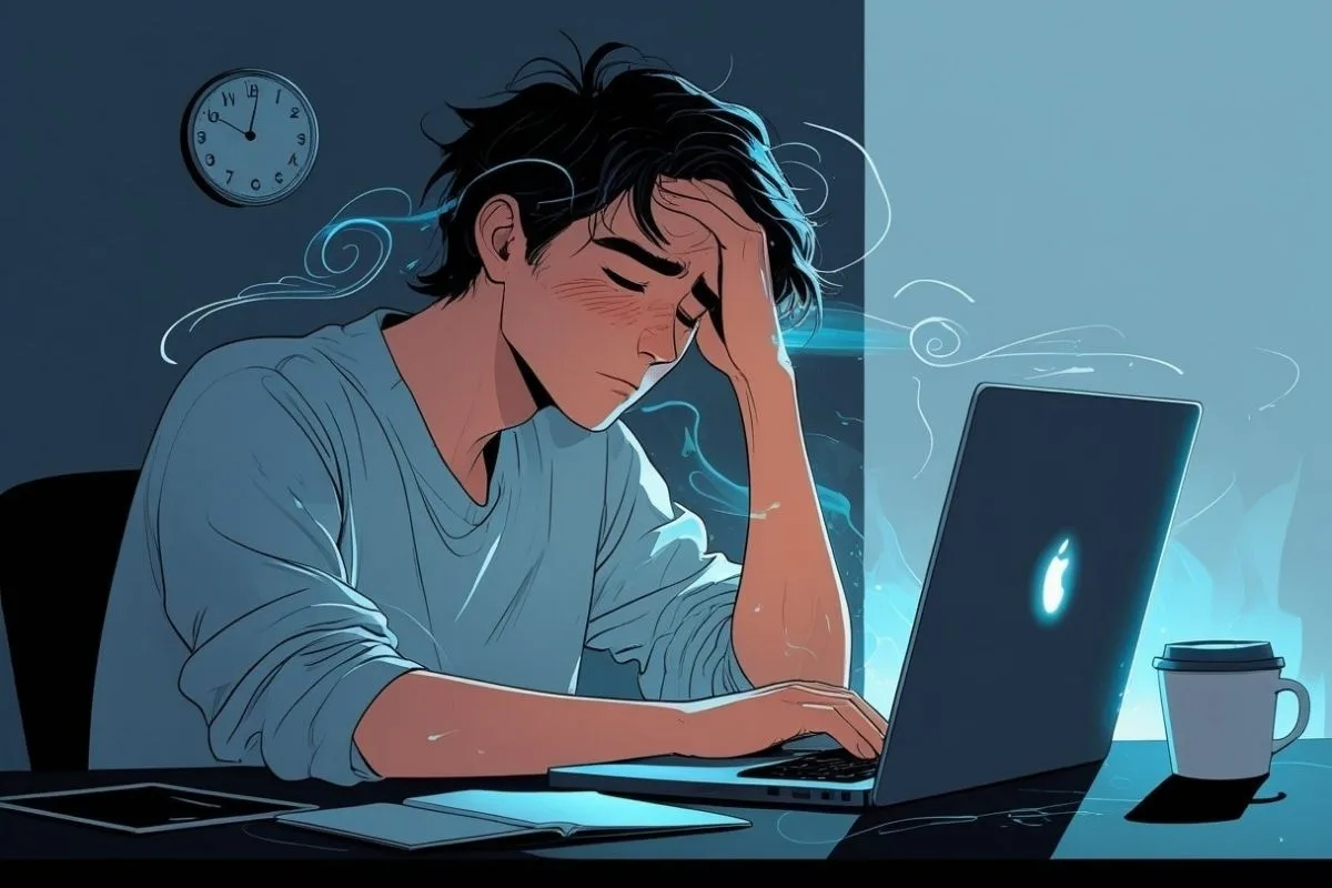 Sleep-deprived person working late at a laptop, illustrating fatigue, reduced focus, and low energy associated with getting only 5 hours of sleep