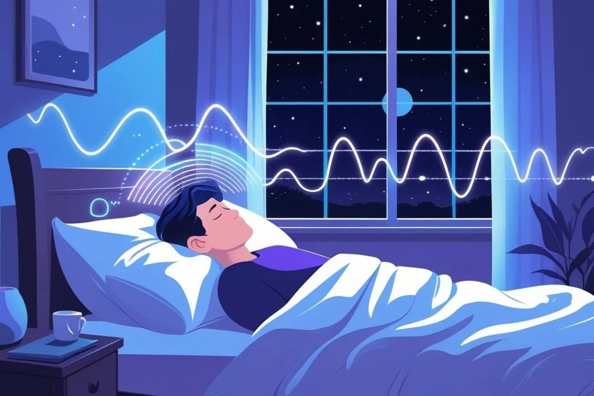 Sleeper resting peacefully with frequency wave patterns shown nearby, illustrating the connection between sound frequencies and sleep-inducing brainwave activity.