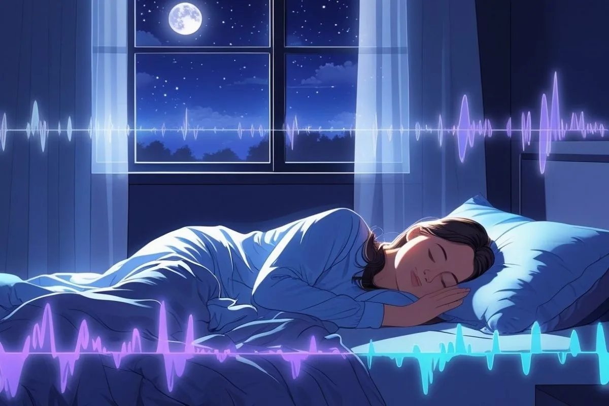 Person sleeping at night with visualized audio frequencies, highlighting the use of sound therapy and sleep frequencies to encourage deeper rest.