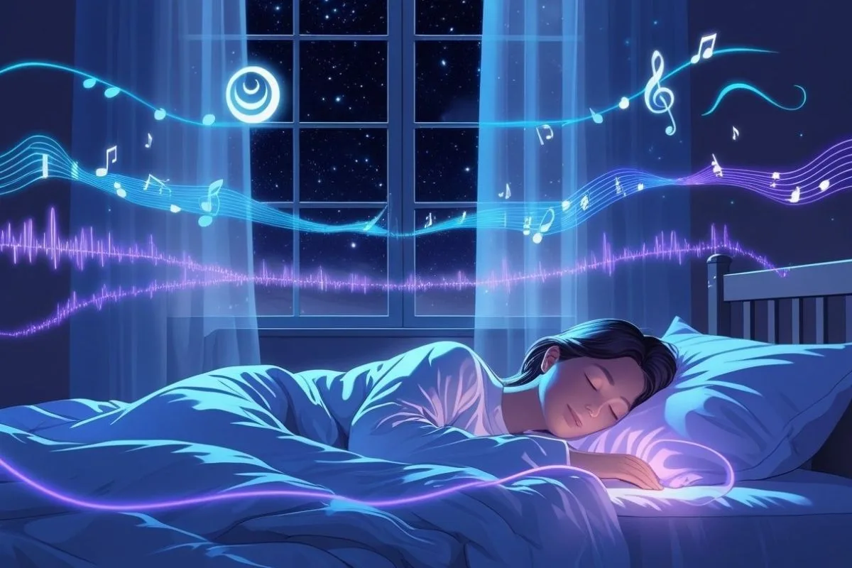 Relaxing sleep scene with musical notes and frequency waves, demonstrating how specific audio frequencies may help users fall asleep faster.