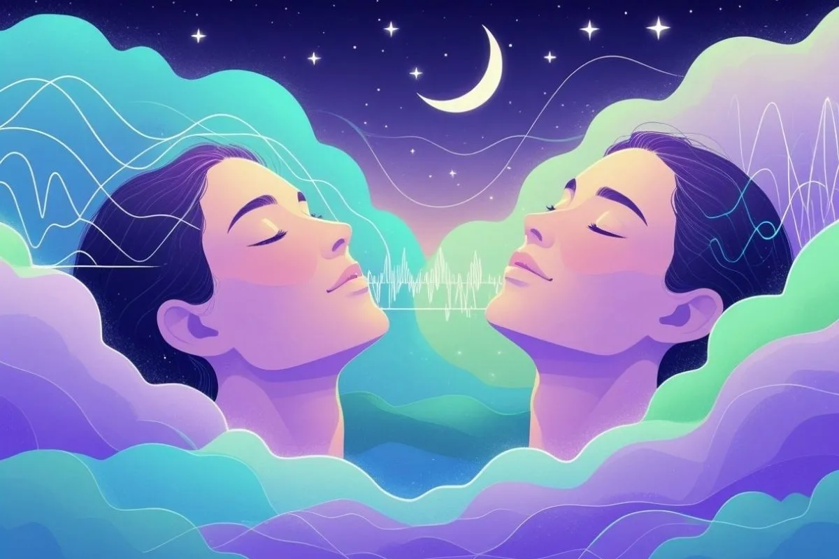 Abstract illustration of two relaxed faces surrounded by frequency patterns, representing brainwave entrainment and frequency-based relaxation techniques for sleep.